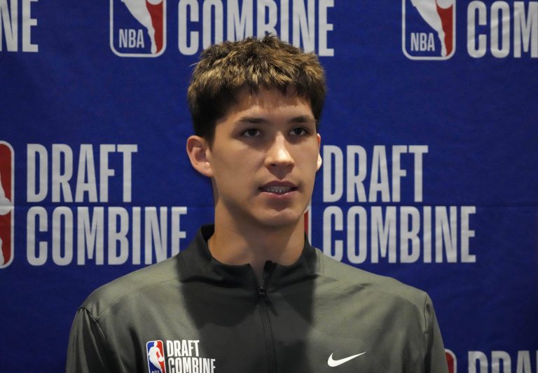 Egor Demin talks to the media during the 2025 NBA Draft Combine at Marriott Marquis Chicago.
