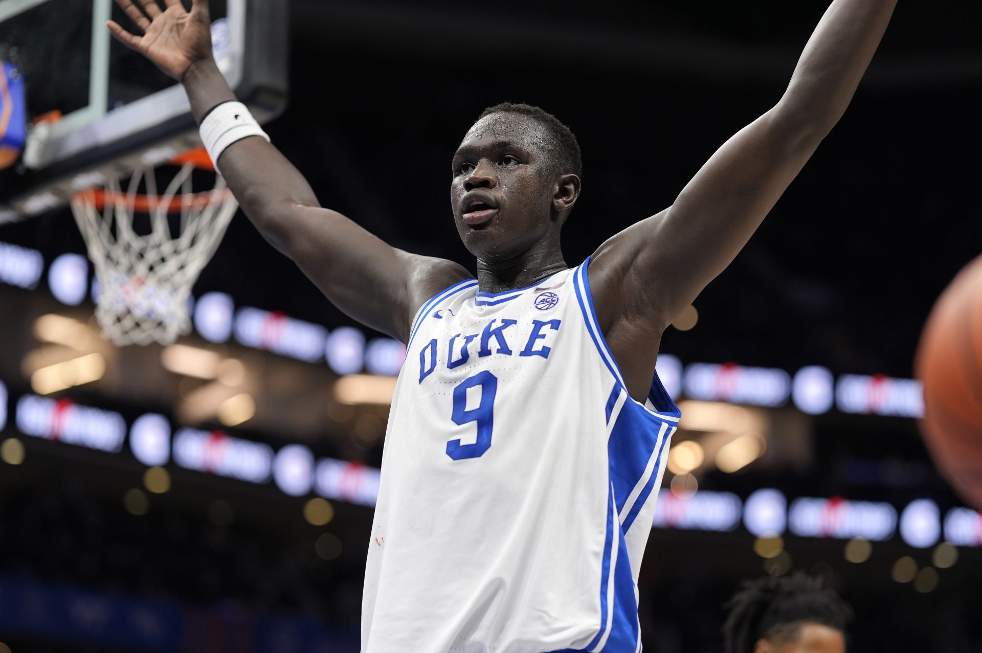 Duke Blue Devils center Khaman Maluach (9) reacts after a play in the first half of the 2025 ACC Conference Championship game against the Louisville Cardinals at Spectrum Center.