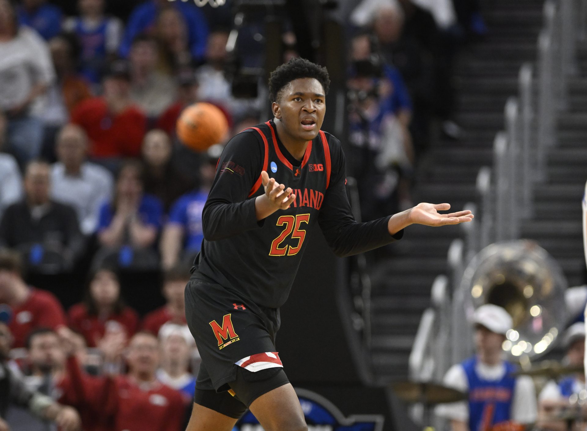 Mar 27, 2025; San Francisco, CA, USA: Maryland Terrapins center Derik Queen (25) reacts during the second half against the Florida Gators during a West Regional semifinal of the 2025 NCAA tournament at Chase Center.
