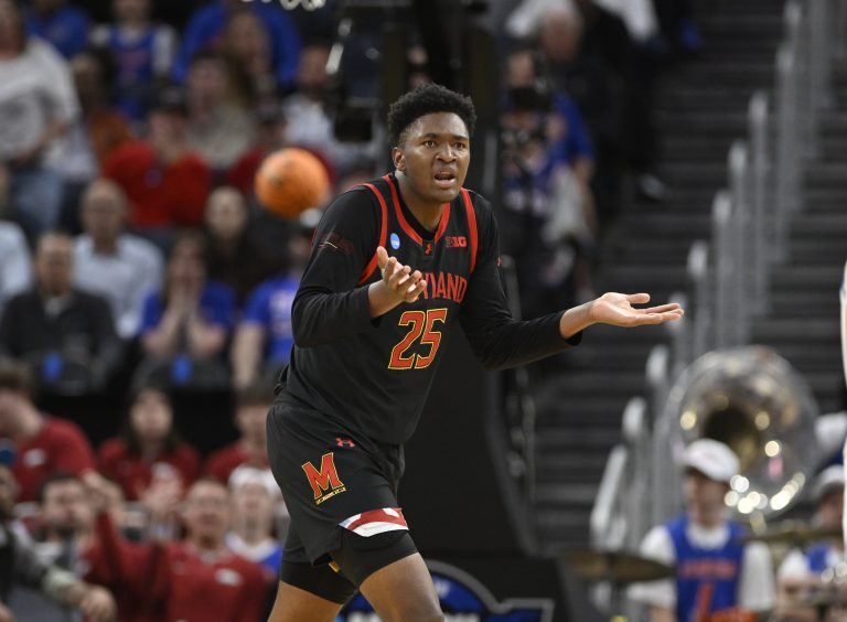 Mar 27, 2025; San Francisco, CA, USA: Maryland Terrapins center Derik Queen (25) reacts during the second half against the Florida Gators during a West Regional semifinal of the 2025 NCAA tournament at Chase Center.