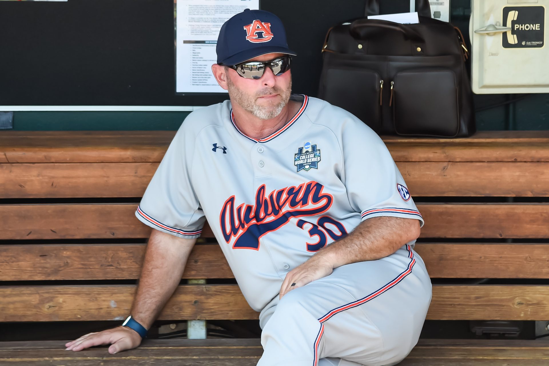 Auburn Tigers head coach Butch Thompson (30) awaits the start of the game against the Stanford Cardinal at Charles Schwab Field.