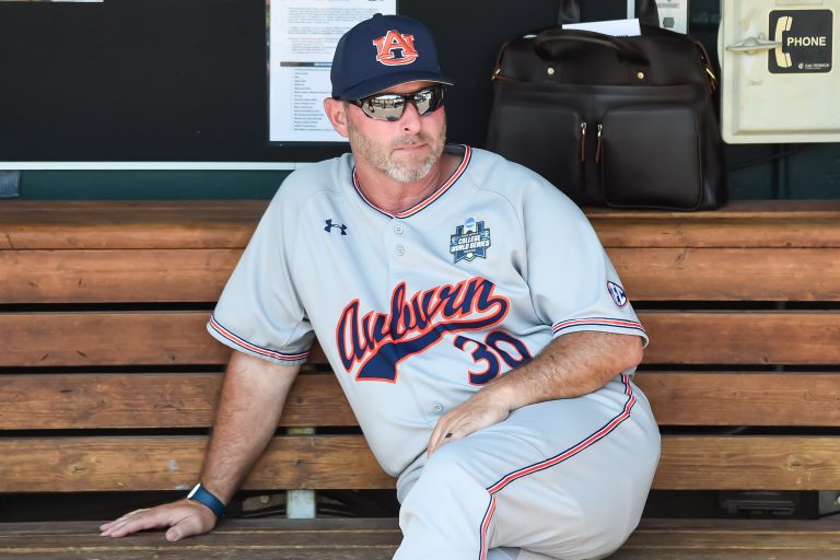 Auburn Tigers head coach Butch Thompson (30) awaits the start of the game against the Stanford Cardinal at Charles Schwab Field.
