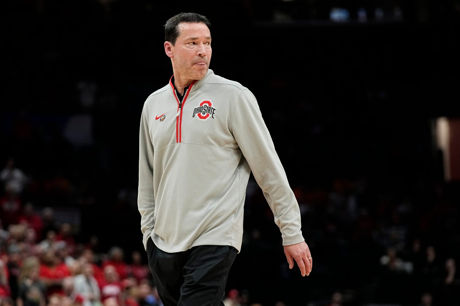 Ohio State Buckeyes head coach Kevin McGuff walks across the court during the second round of the women's NCAA Tournament against the Tennessee Lady Vols at Value City Arena in Columbus on March 23, 2025.