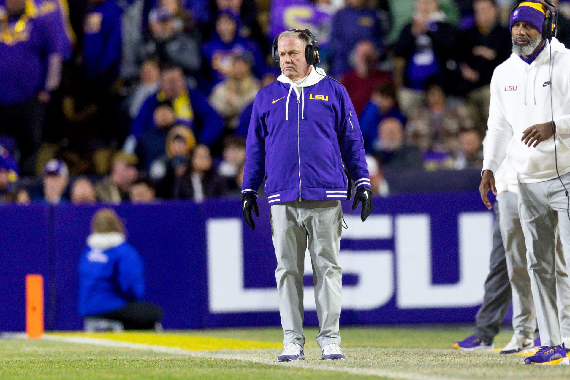 LSU Tigers head coach Brian Kelly looks on against the Oklahoma Sooners during the fourth quarter at Tiger Stadium.