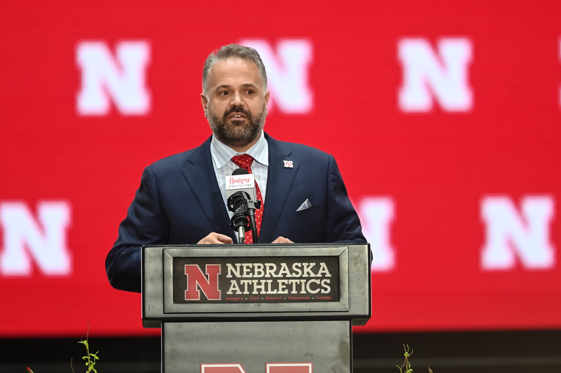Nebraska Cornhuskers head coach Matt Rhule speaks at the introductory press conference at the Hawks Championship Center on the University of Nebraska-Lincoln campus.