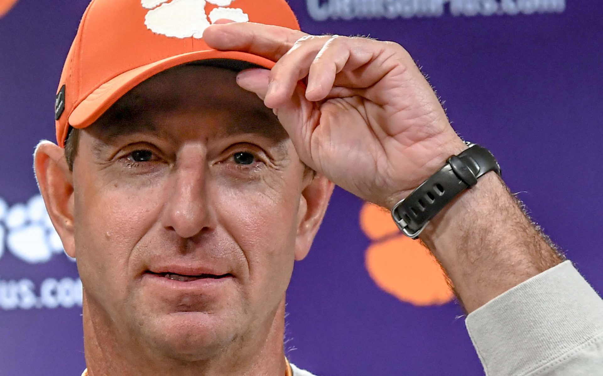 Clemson head coach Dabo Swinney talks with media before during the first football practice at the Allen N. Reeves Football Complex at Clemson University in Clemson, S.C. Friday, February 28, 2025.