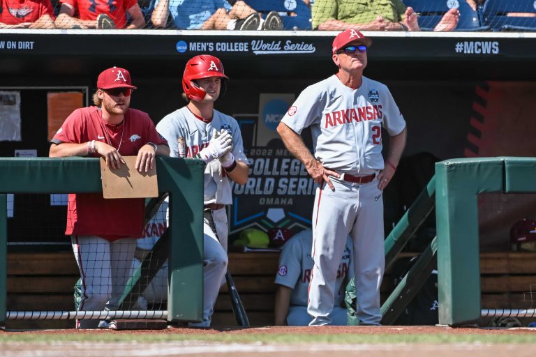 Arkansas Razorbacks head coach Dave Van Horn watches action against the Arkansas Razorbacks in the fourth inning at Charles Schwab Field.