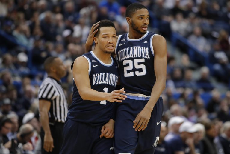 Villanova Wildcats guard Jalen Brunson (1) and guard Mikal Bridges (25) react on the court in the second half against the Connecticut Huskies at XL Center.