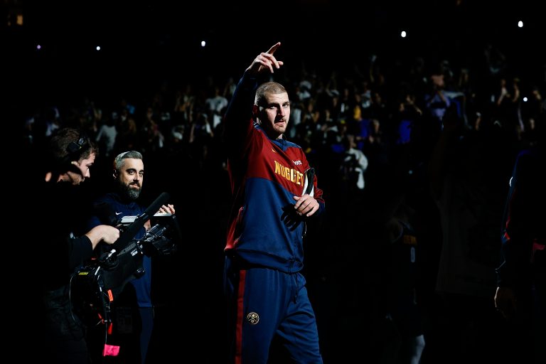 Denver Nuggets center Nikola Jokic (15) is introduced before game four against the Oklahoma City Thunder in the second round of the 2025 NBA Playoffs at Ball Arena.