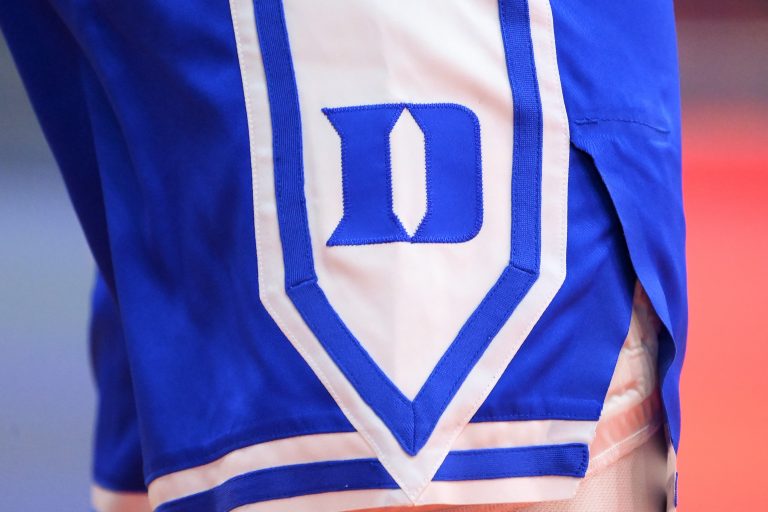 Detailed view of the Duke Blue Devils logo on a uniform prior to the game against the Syracuse Orange at the JMA Wireless Dome.