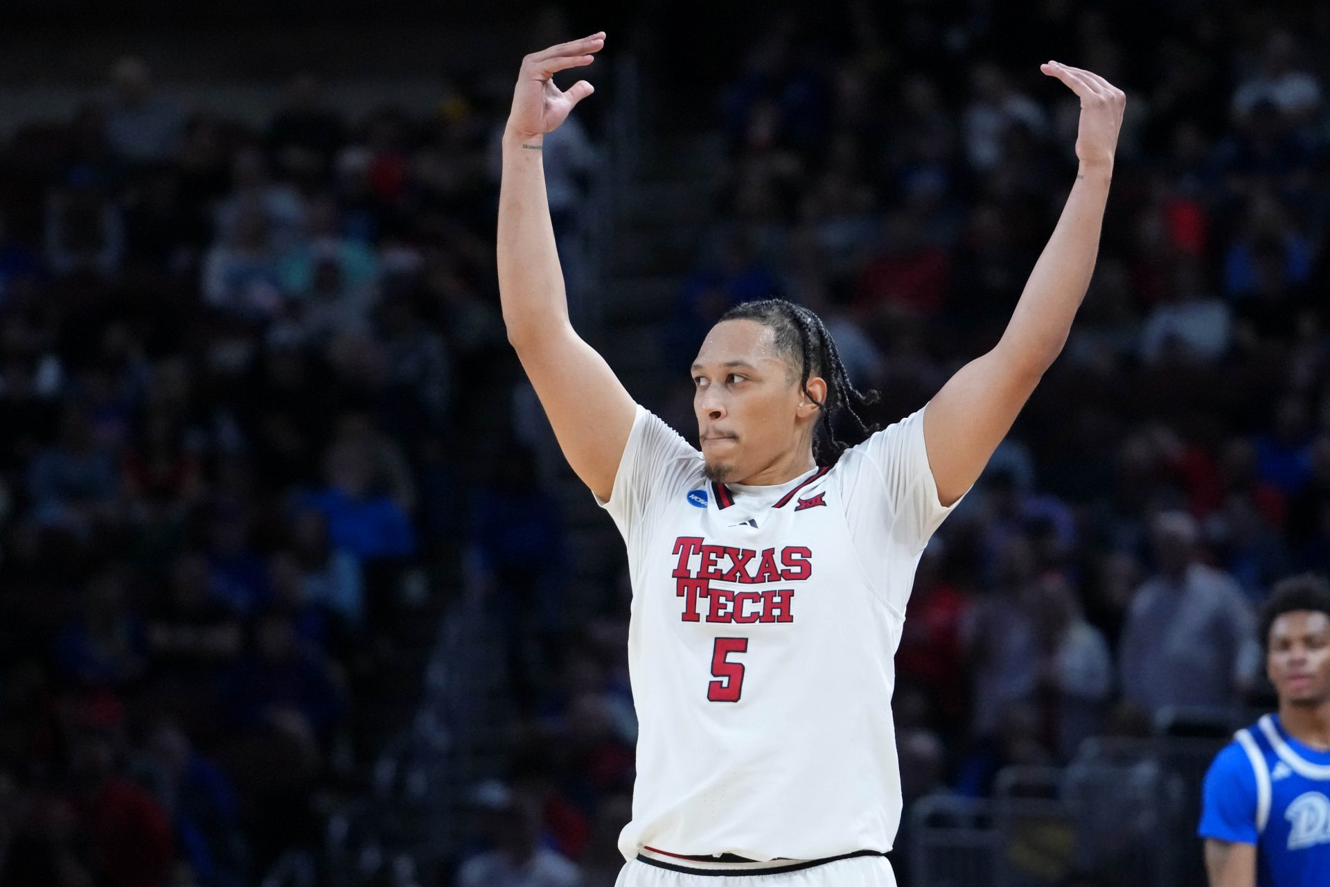 Texas Tech Red Raiders forward Darrion Williams (5) reacts after a play against the Drake Bulldogs during the second half at Intrust Bank Arena.