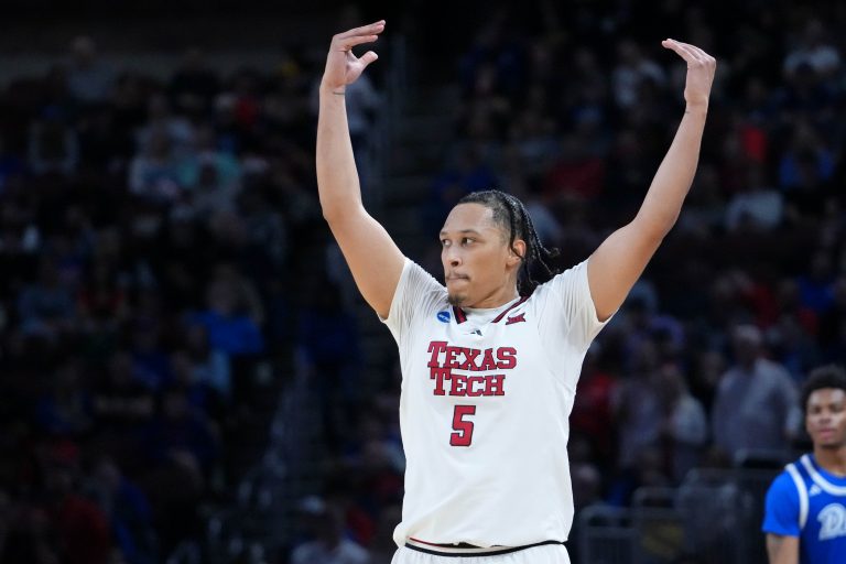 Texas Tech Red Raiders forward Darrion Williams (5) reacts after a play against the Drake Bulldogs during the second half at Intrust Bank Arena.