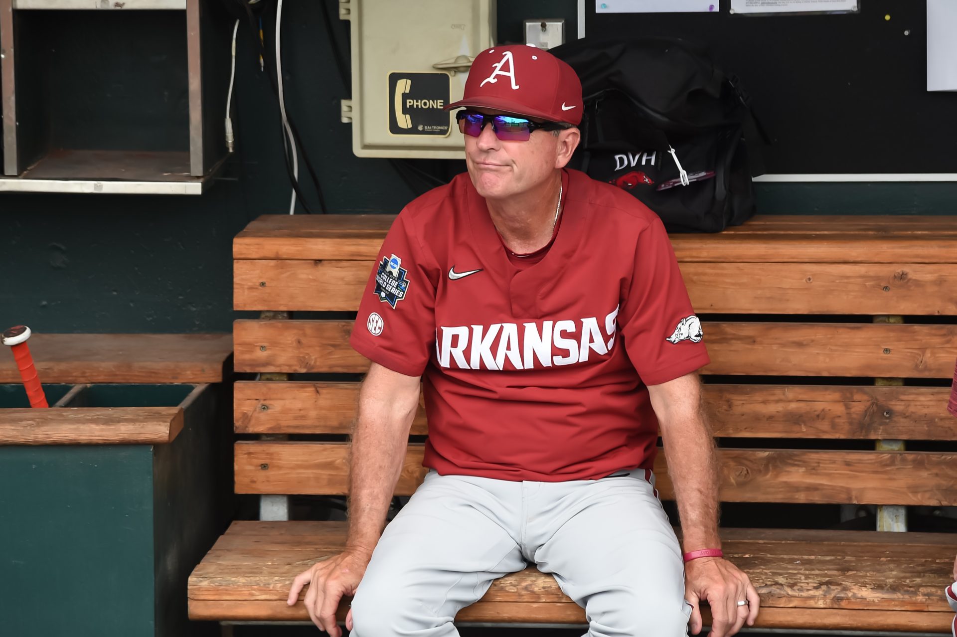 Arkansas Razorbacks head coach Dave Van Horn looks over the field before the game against the Ole Miss Rebels at Charles Schwab Field.