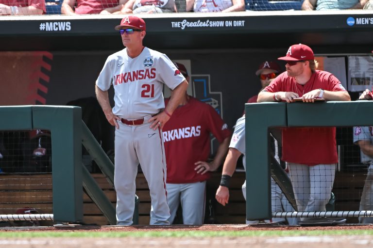 Arkansas Razorbacks head coach Dave Van Horn watches action in the fifth inning against the Stanford Cardinal at Charles Schwab Field.