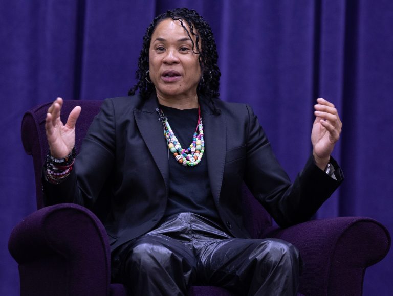 University of South Carolina women's basketball coach Dawn Staley answers a question by moderator Dan Hughes during the University of Mount Union's Schooler Lecture speaker series April 23, 2025, in Alliance, Ohio.