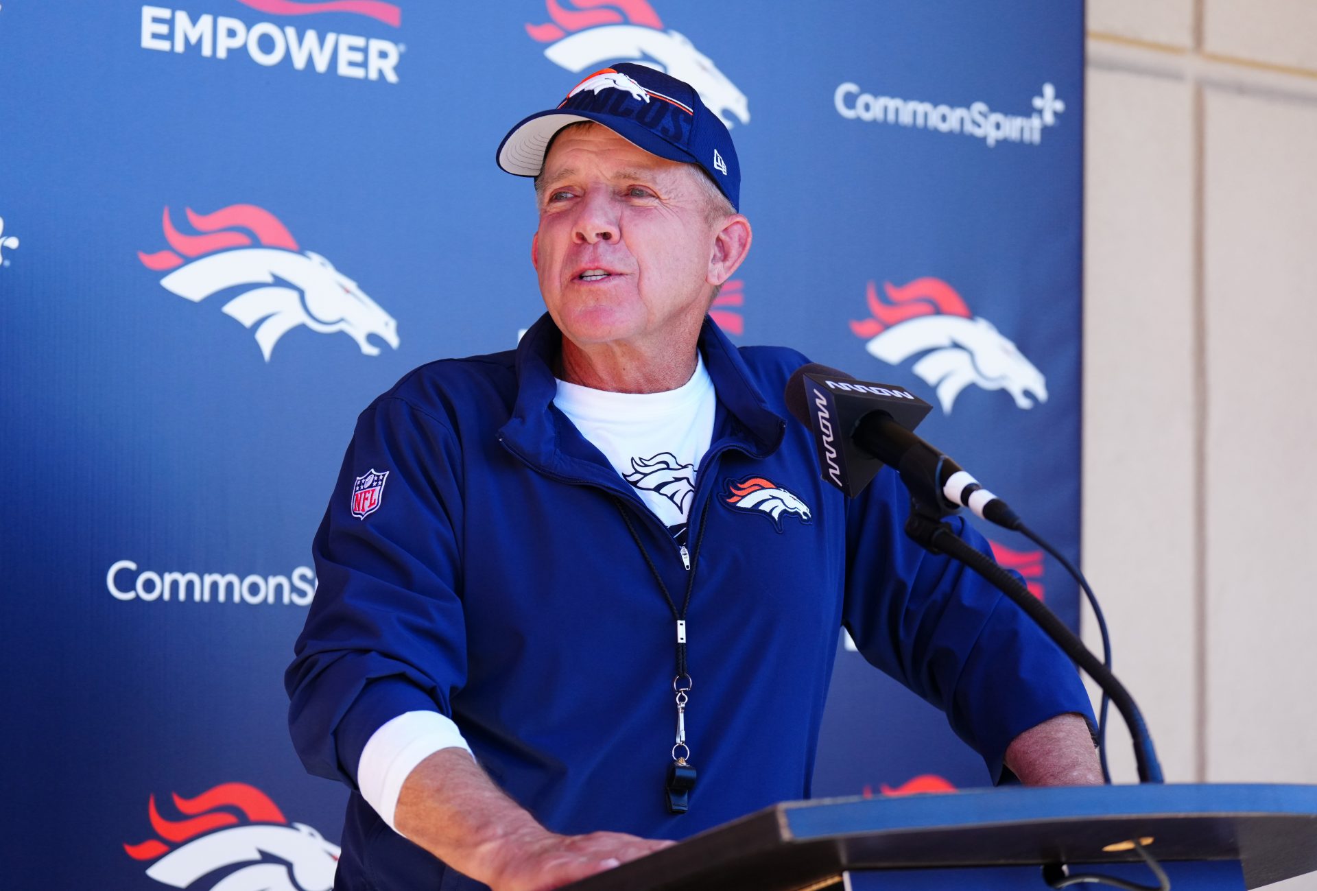 Denver Broncos head coach Sean Payton speaks to the media following rookie minicamp at Broncos Park Powered by CommonSpirit.