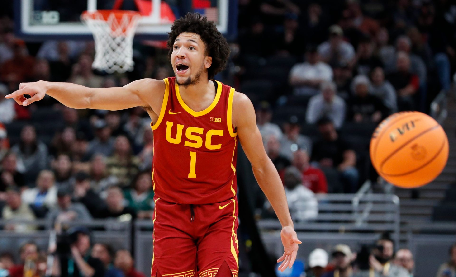USC Trojans guard Desmond Claude (1) reacts after being called for a foul Thursday, March 13, 2025, during the Big Ten Men’s Basketball Tournament game against the Purdue Boilermakers at Gainbridge Fieldhouse in Indianapolis. Purdue Boilermakers won 76-71.