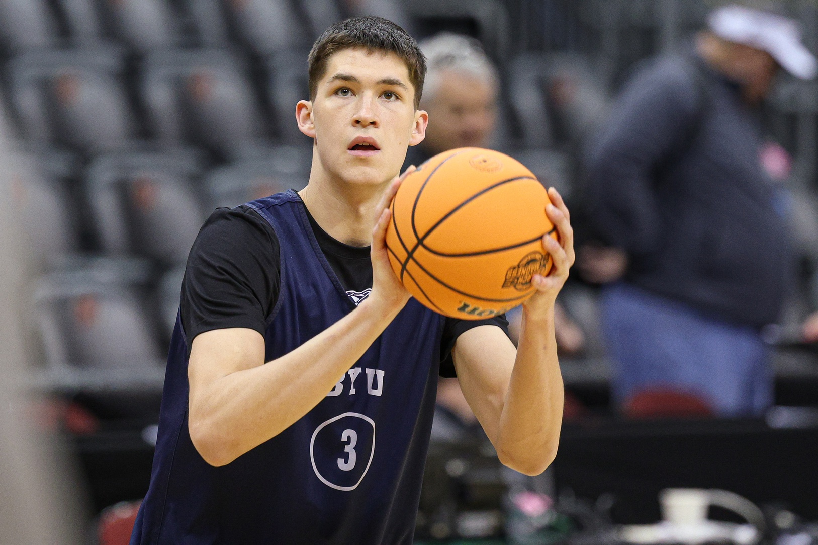 Brigham Young Cougars guard Egor Demin (3) warms up during a practice session in preparation for an East Regional semifinal game against the Alabama Crimson Tide at Prudential Center.