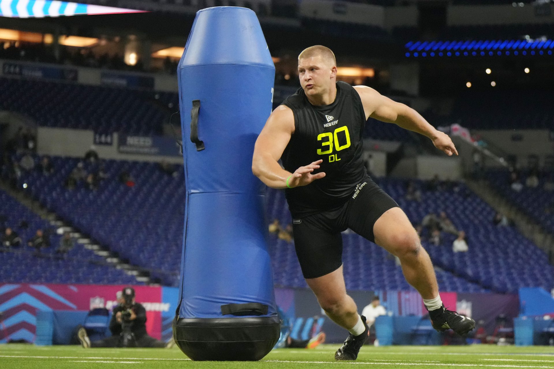 Nebraska defensive lineman Ty Robinson (DL30) participates in drills during the 2025 NFL Combine at Lucas Oil Stadium.