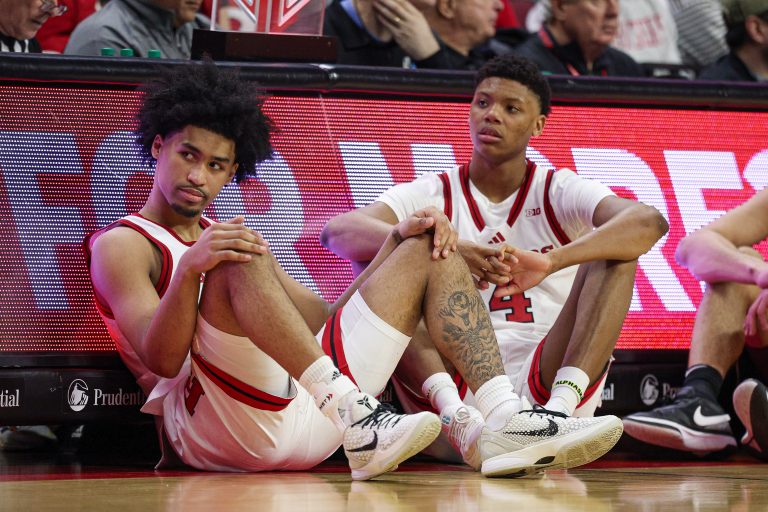 Rutgers Scarlet Knights guard Dylan Harper (2) and Rutgers Scarlet Knights guard Ace Bailey (4) looks on during the second half against the Minnesota Golden Gophers at Jersey Mike's Arena.