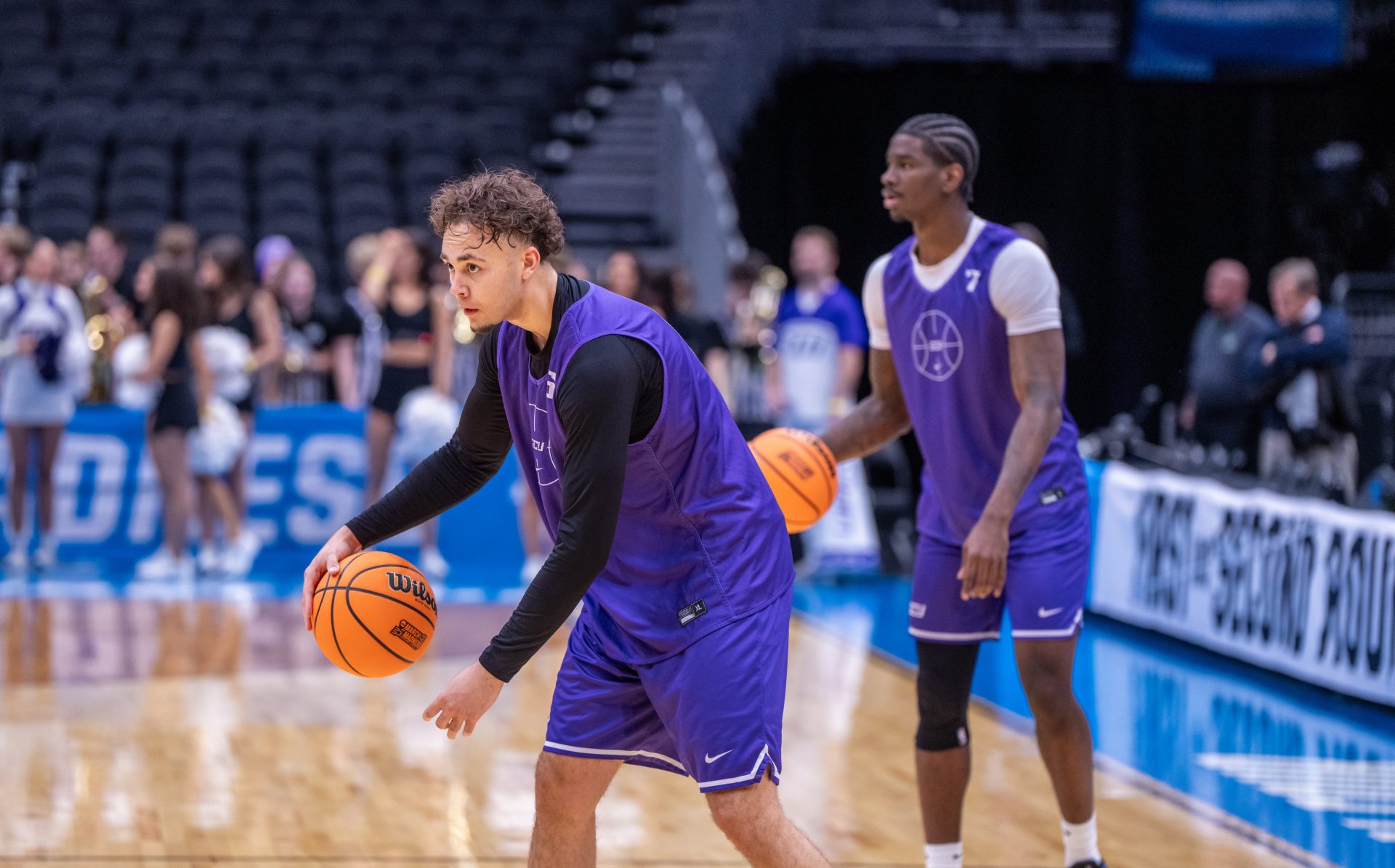 Grand Canyon Antelopes guard Malcolm Flaggs (6) dribbles the ball during practice at Climate Pledge Arena.