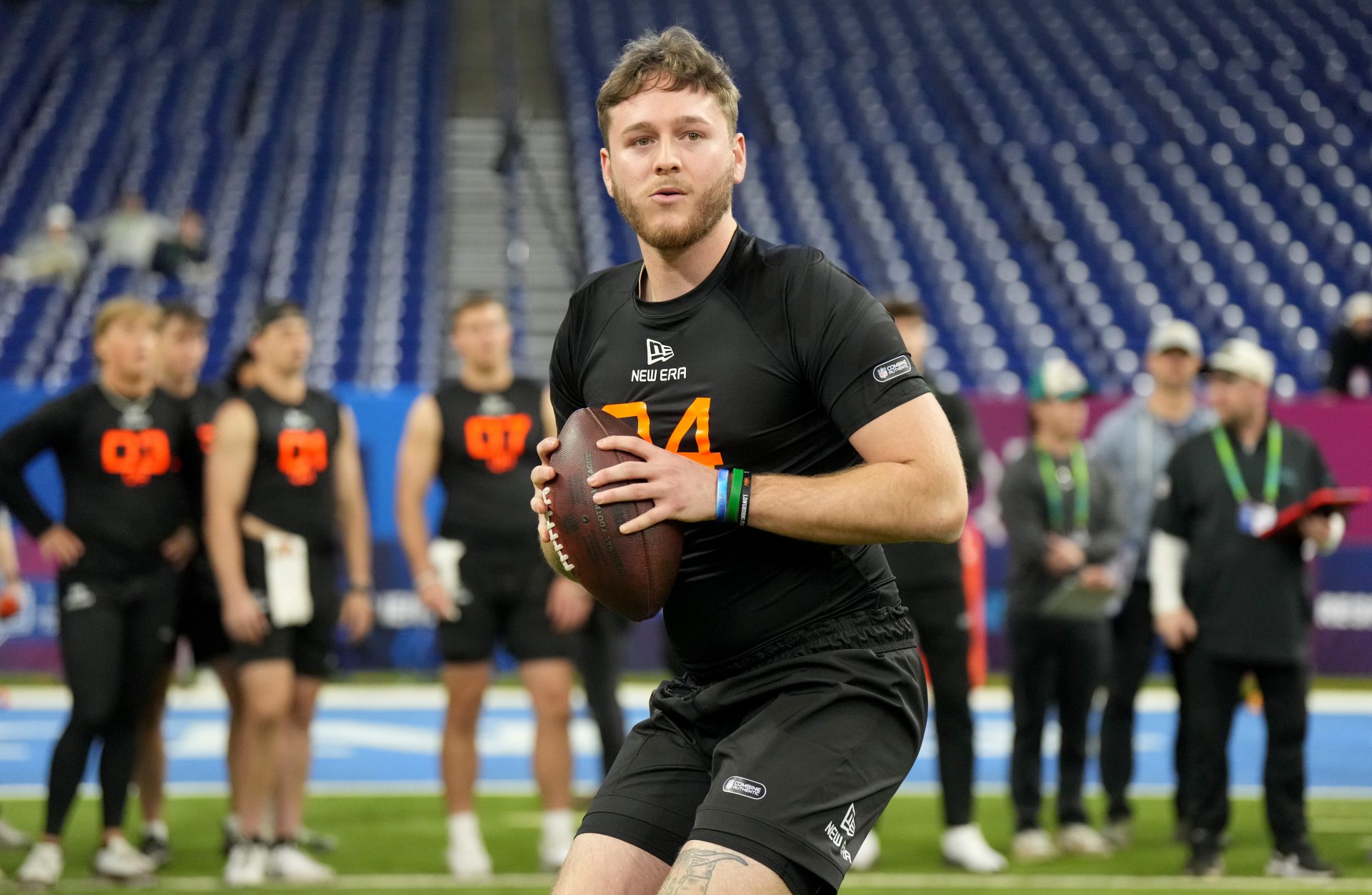 Texas quarterback Quinn Ewers (QB04) during the 2025 NFL Combine at Lucas Oil Stadium.