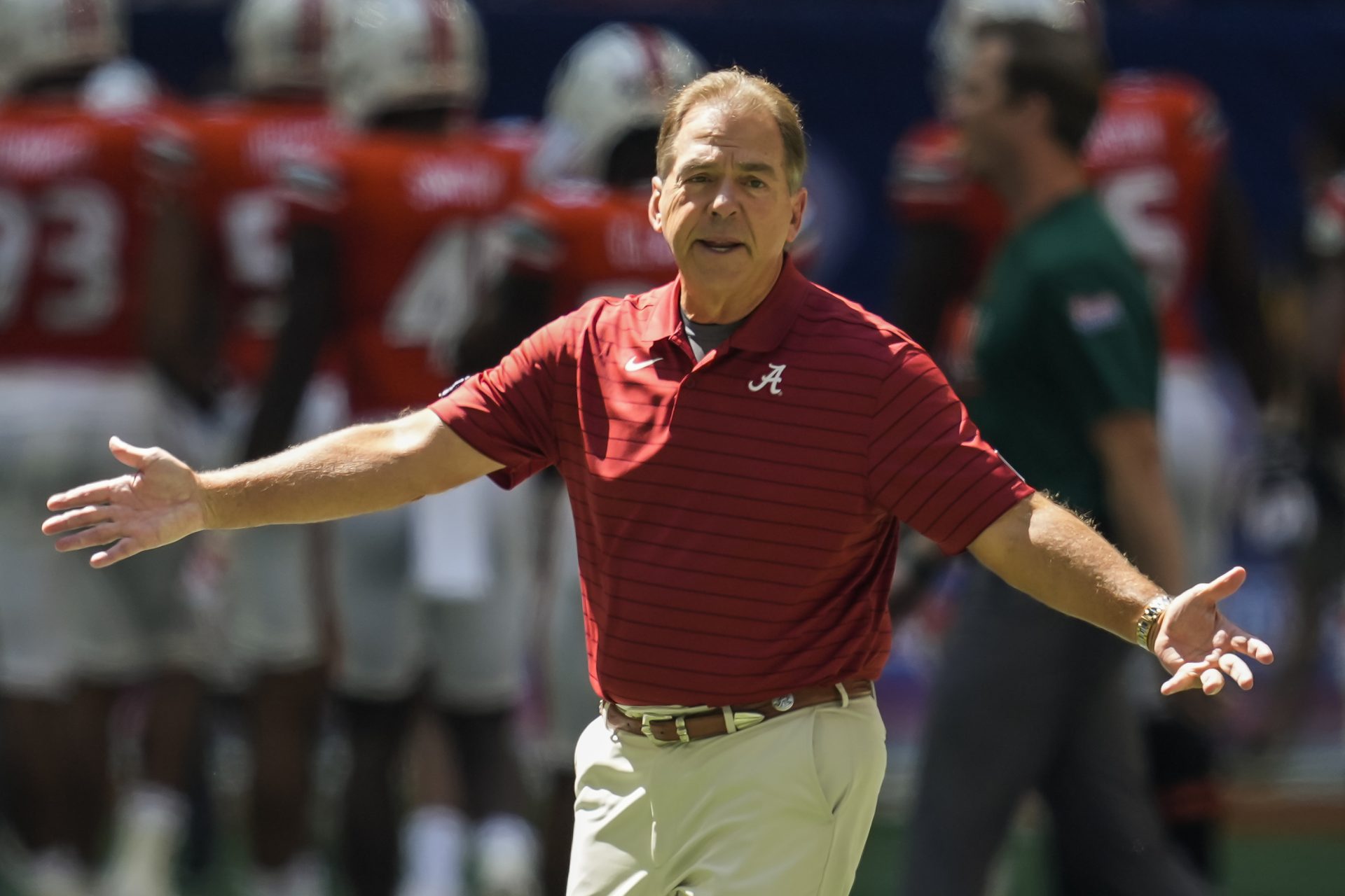 Alabama Crimson Tide head coach Nick Saban reacts on the field before the game against the Miami Hurricanes at Mercedes-Benz Stadium.