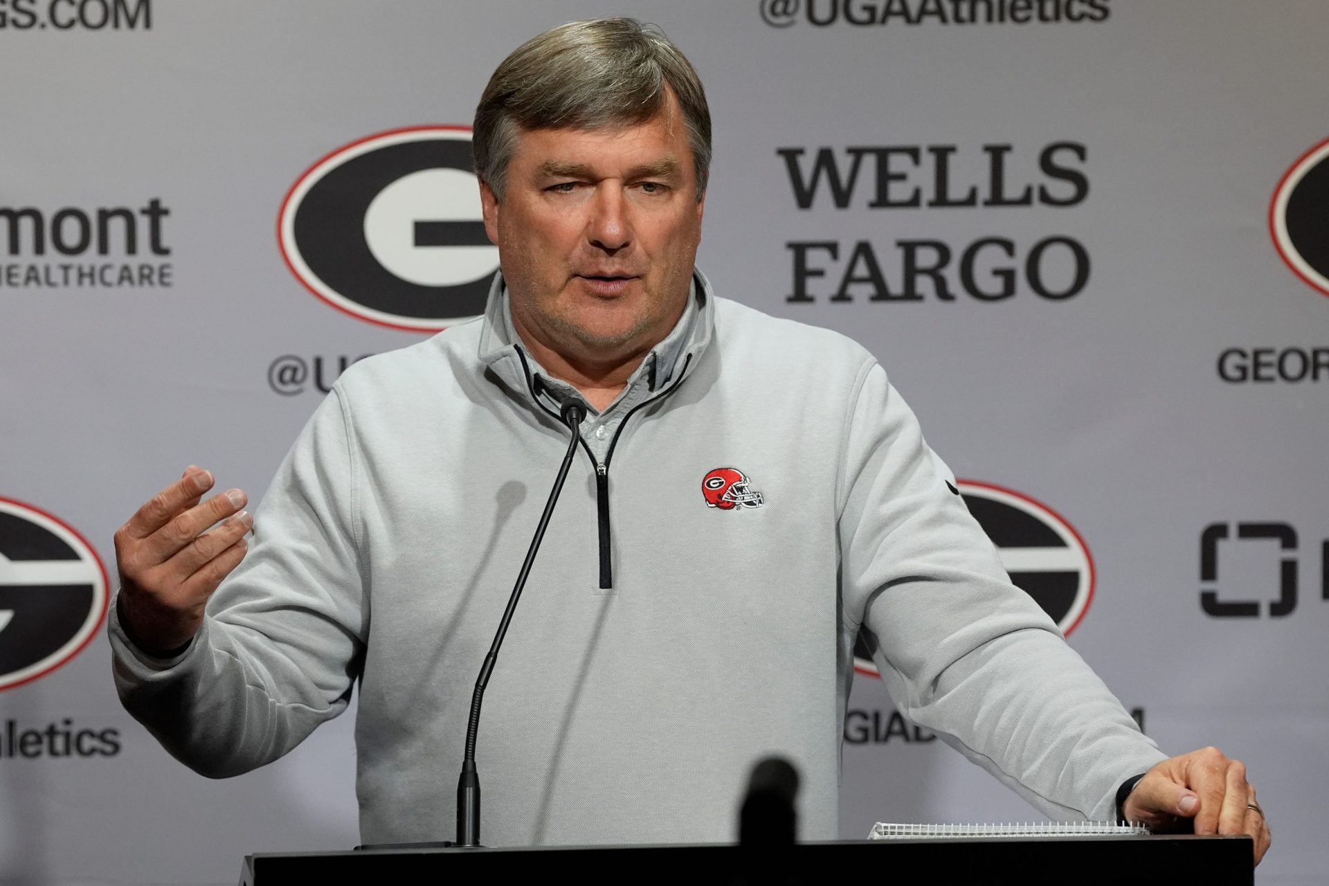 Georgia coach Kirby Smart speaks to the media on the first day of spring practice in Athens, Ga., on Tuesday, March 11, 2025.