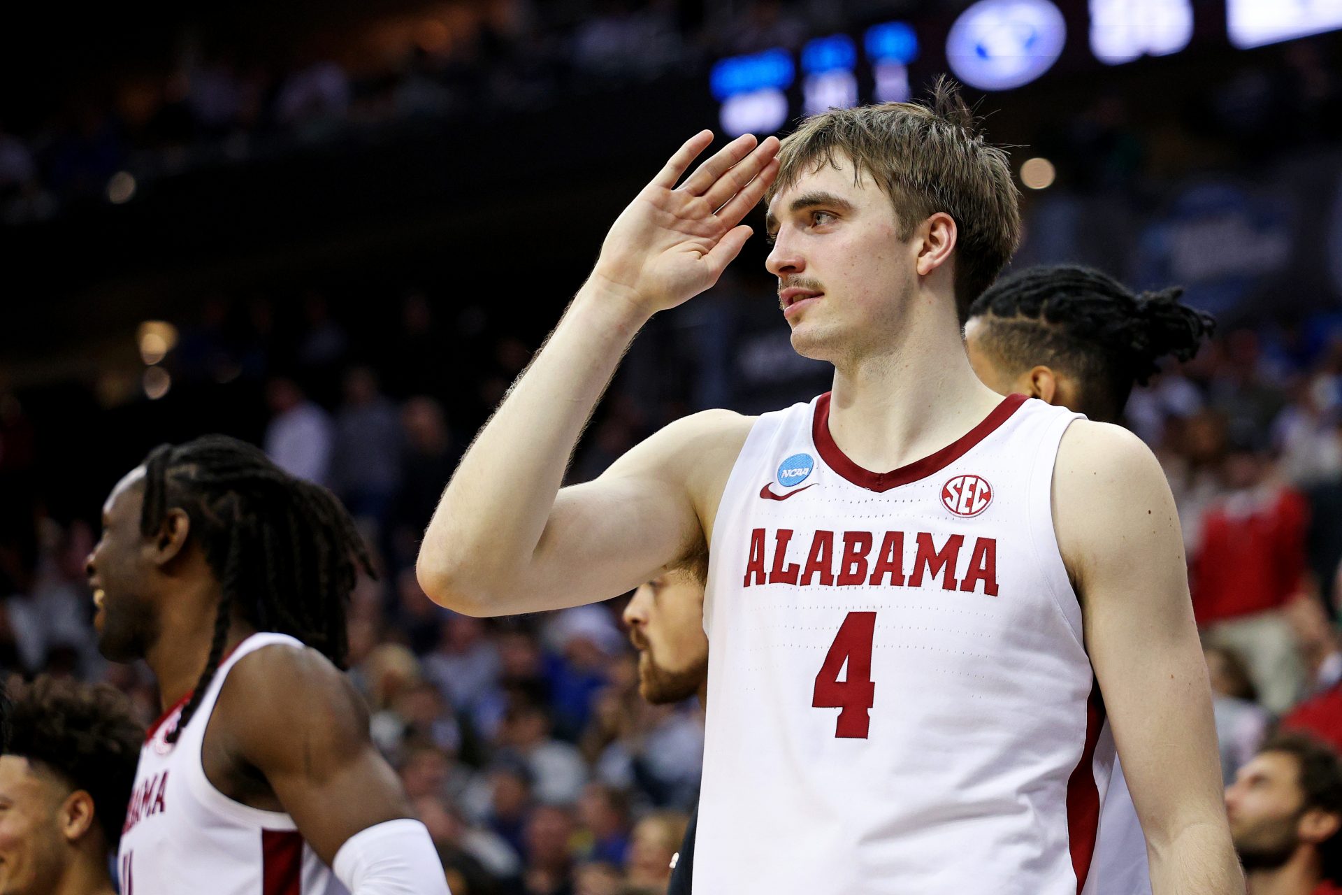 Alabama Crimson Tide forward Grant Nelson (4) celebrates during the second half against the Brigham Young Cougars during an East Regional semifinal of the 2025 NCAA tournament at Prudential Center.