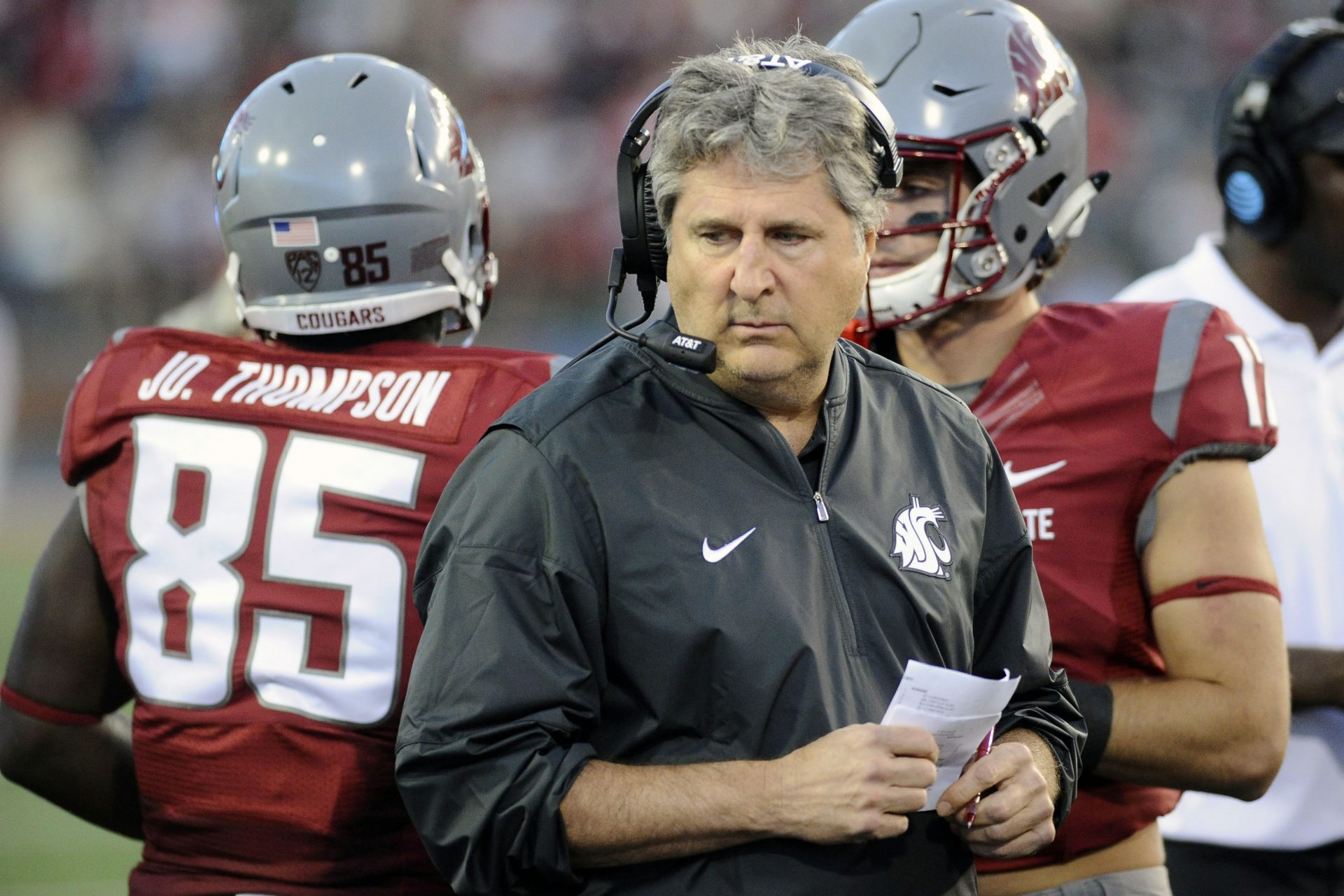 Washington State Cougars head coach Mike Leach looks on against the Eastern Washington Eagles during the second half at Martin Stadium. The Eagles won 45-42.