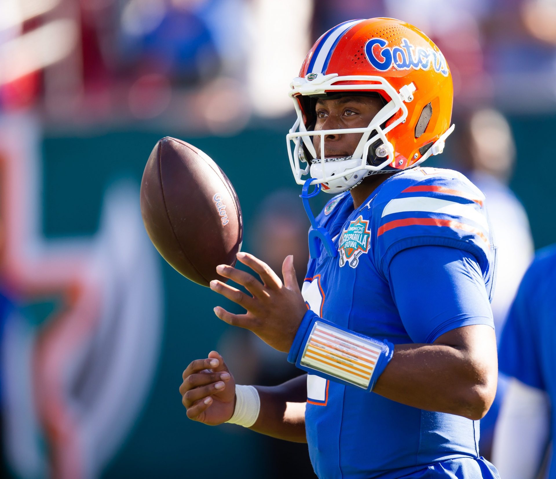 Florida Gators quarterback DJ Lagway (2) tosses the ball during warmups at Raymond James Stadium in Tampa, FL on Friday, December 20, 2024 in the 2024 Union Home Mortgage Gasparilla Bowl. [Doug Engle/Gainesville Sun]