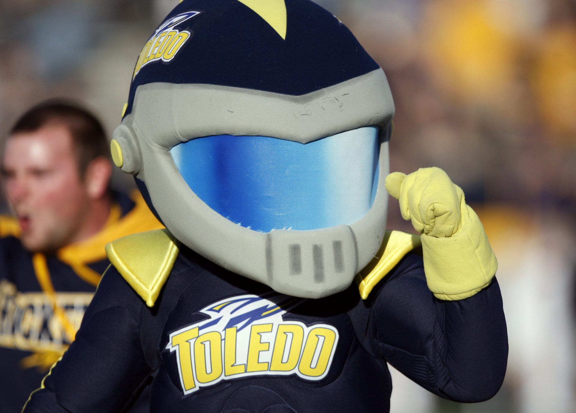 Toledo Rockets mascot Rocky pumps his fist during the third quarter against the Kent State Golden Flashes at Glass Bowl. Rockets win 38-7.