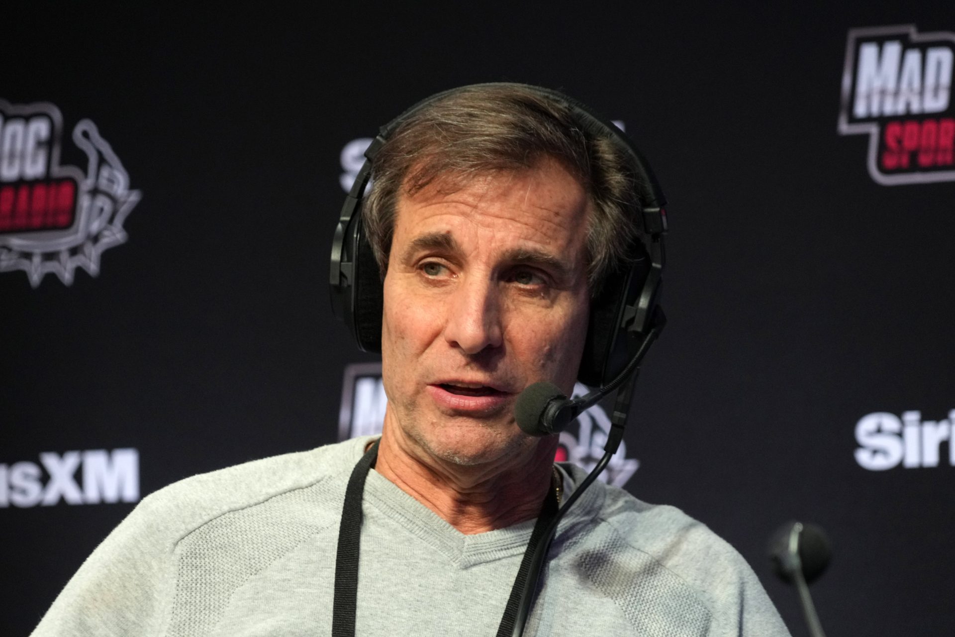 Chris Russo on the SiriusXM Mad Dog Sports Radio set on radio row at the Super Bowl 58 media center at the Mandalay Bay resort and casino.