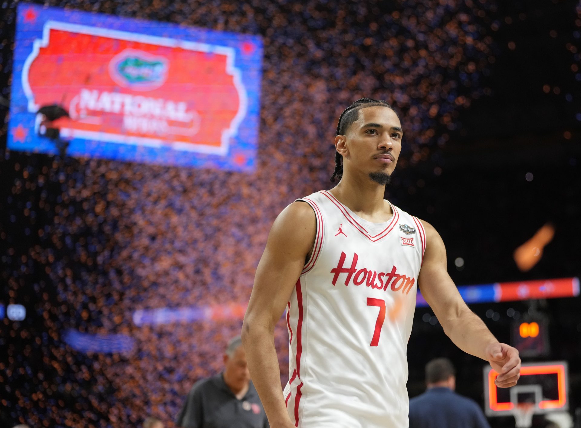 Houston Cougars guard Milos Uzan (7) walks off the court after losing to the Florida Gators in the national championship game of the Final Four of the 2025 NCAA Tournament at the Alamodome.