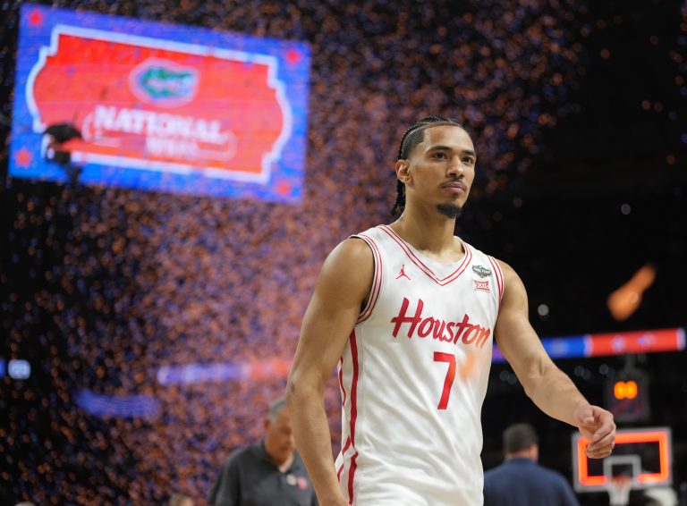 Houston Cougars guard Milos Uzan (7) walks off the court after losing to the Florida Gators in the national championship game of the Final Four of the 2025 NCAA Tournament at the Alamodome.