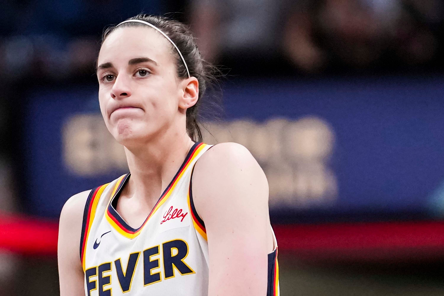 Indiana Fever guard Caitlin Clark (22) reacts to the action Saturday, May 24, 2025, during a game between the Indiana Fever and the New York Liberty at Gainbridge Fieldhouse in Indianapolis. The New York Liberty defeated the Indiana Fever, 90-88.