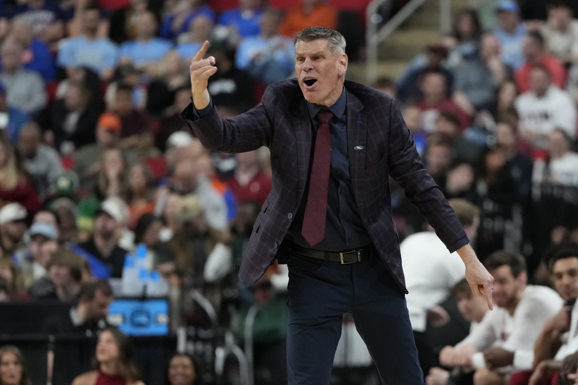 Oklahoma Sooners head coach Porter Moser reacts during the first half against the Connecticut Huskies at Lenovo Center.