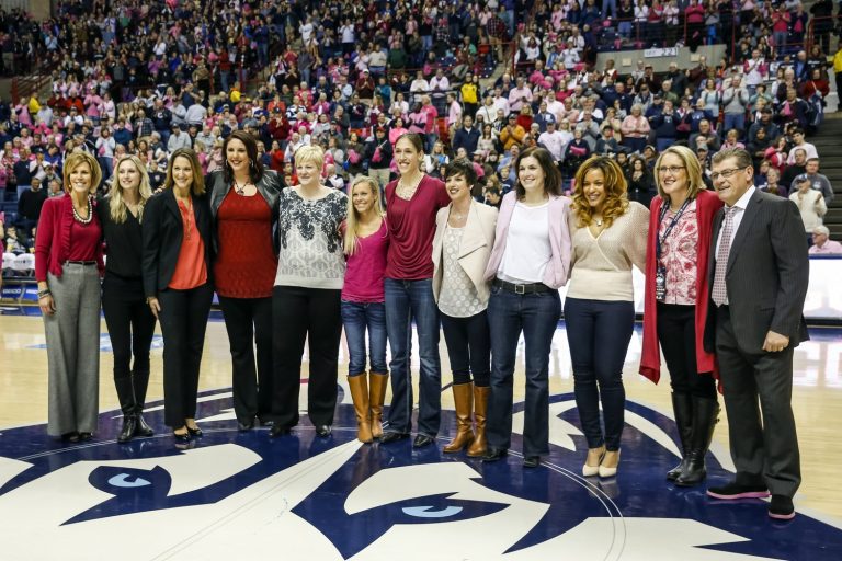 Connecticut Huskies former players from the 1995 NCAA Womens basketball Championship team pose for a picture to celebrate their 20th anniversary during half-time as the Huskies take on the Tulane Green Wave at Harry A. Gampel Pavilion. UConn defeated Tulane Green Wave 87-39.