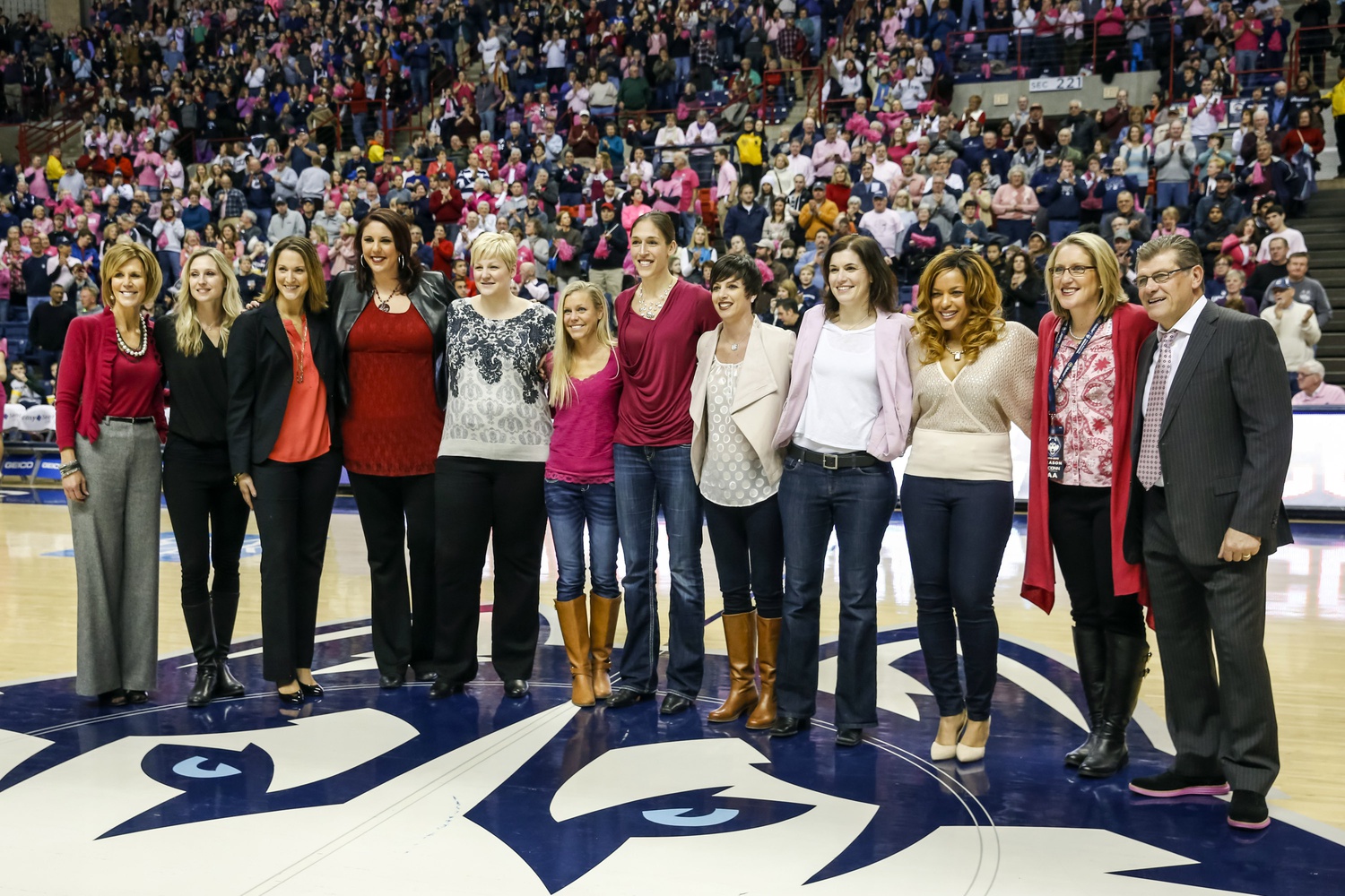 Connecticut Huskies former players from the 1995 NCAA Womens basketball Championship team pose for a picture to celebrate their 20th anniversary during half-time as the Huskies take on the Tulane Green Wave at Harry A. Gampel Pavilion. UConn defeated Tulane Green Wave 87-39.