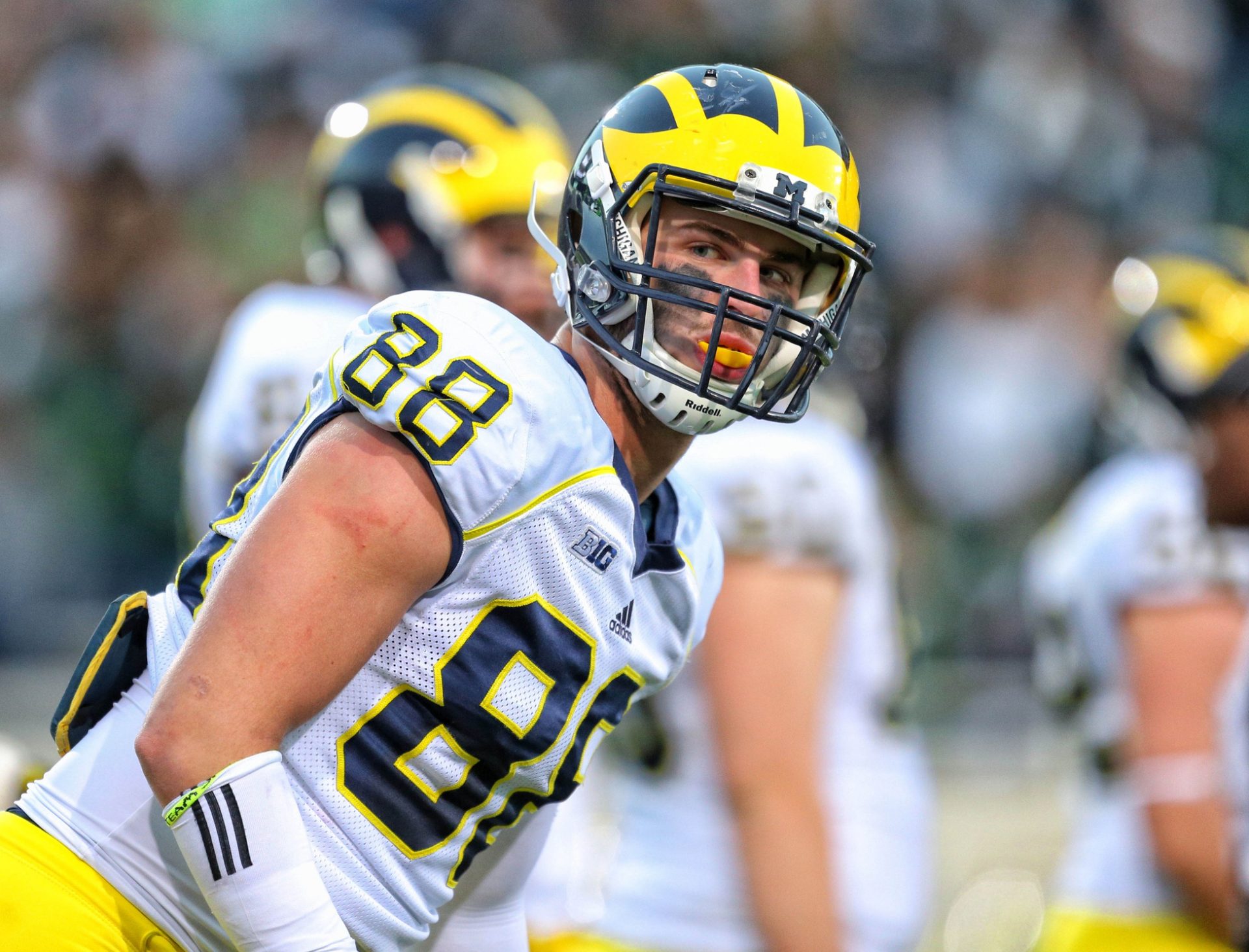 Michigan Wolverines tight end Jake Butt (88) looks to the sidelines during the 2nd half of a game at Spartan Stadium.  MSU won 35-11.