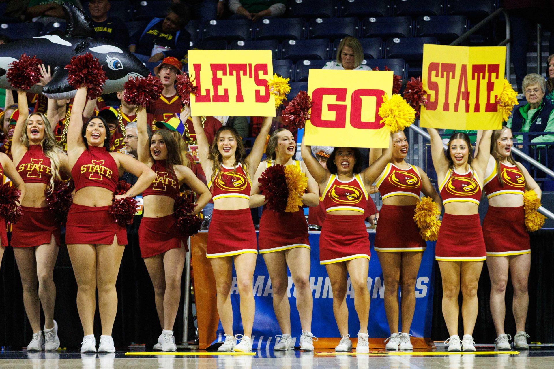 Iowa State's cheer squad cheers from the sidelines during the first round of the NCAA Women's Basketball Tournament between Michigan and Iowa State at Purcell Pavilion on Friday, March 21, 2025, in South Bend.