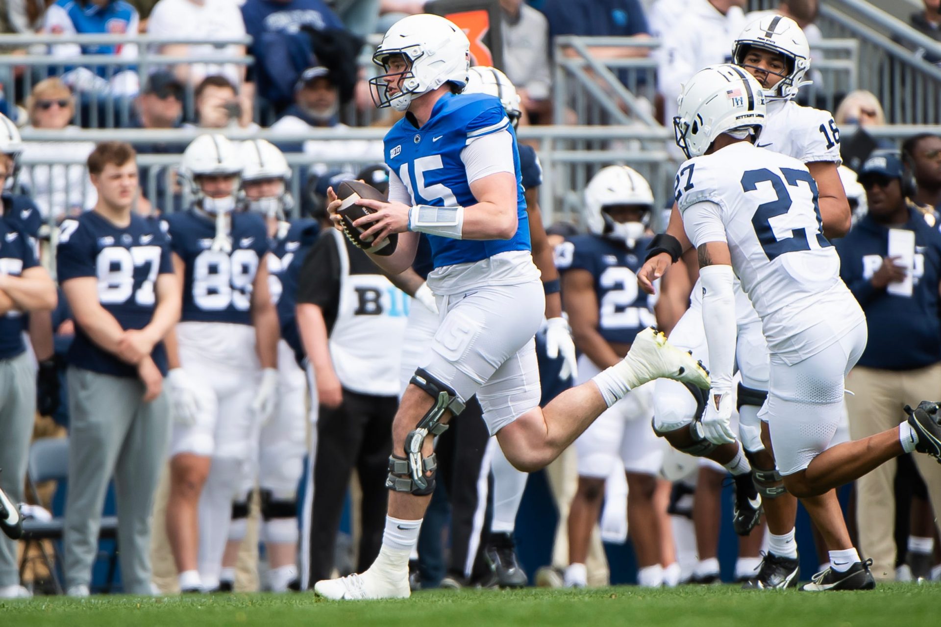 Penn State quarterback Drew Allar (15) runs with the ball during the Blue-White game at Beaver Stadium on Saturday, April 26, 2025, in State College. The White team defeated the Blue team, 10-8.