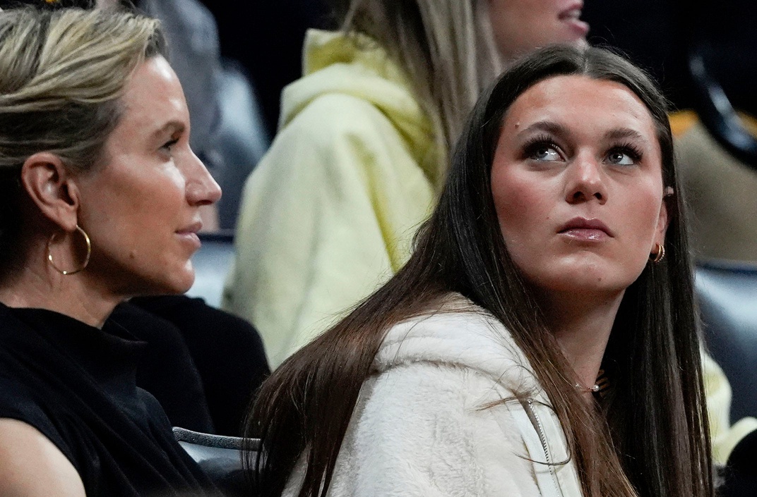 Georgia high school basketball star Kate Harpring watches a Big Ten women’s basketball game featuring the Iowa Hawkeyes and the USC Trojans Sunday, Feb. 2, 2025 at Carver-Hawkeye Arena in Iowa City, Iowa.