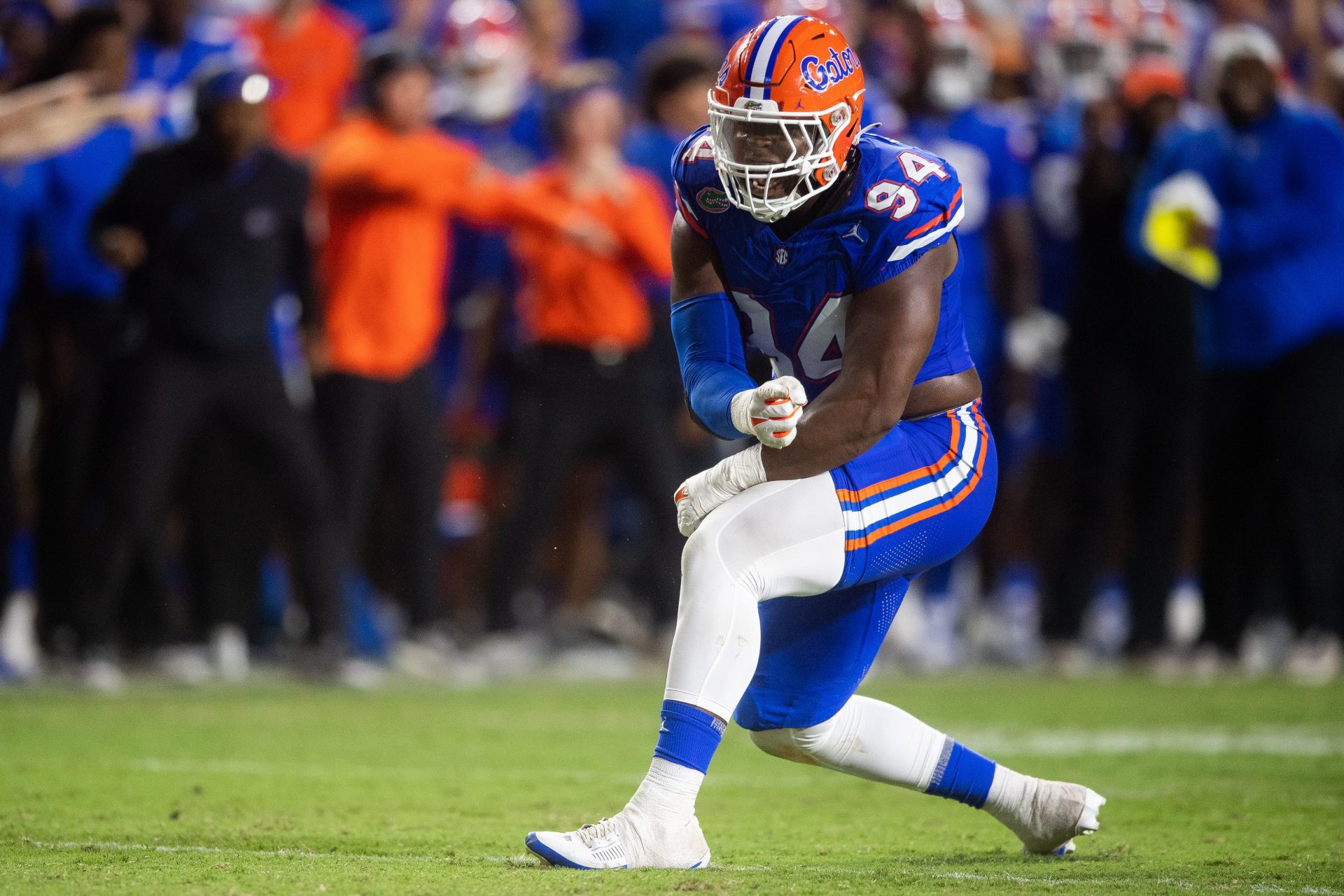 Florida defensive lineman Tyreak Sapp (94) celebrates after sacking Tennessee quarterback Joe Milton III (7) during a football game between Tennessee and Florida at Ben Hill Griffin Stadium in Gainesville, Fla., on Saturday, Sept. 16, 2023.