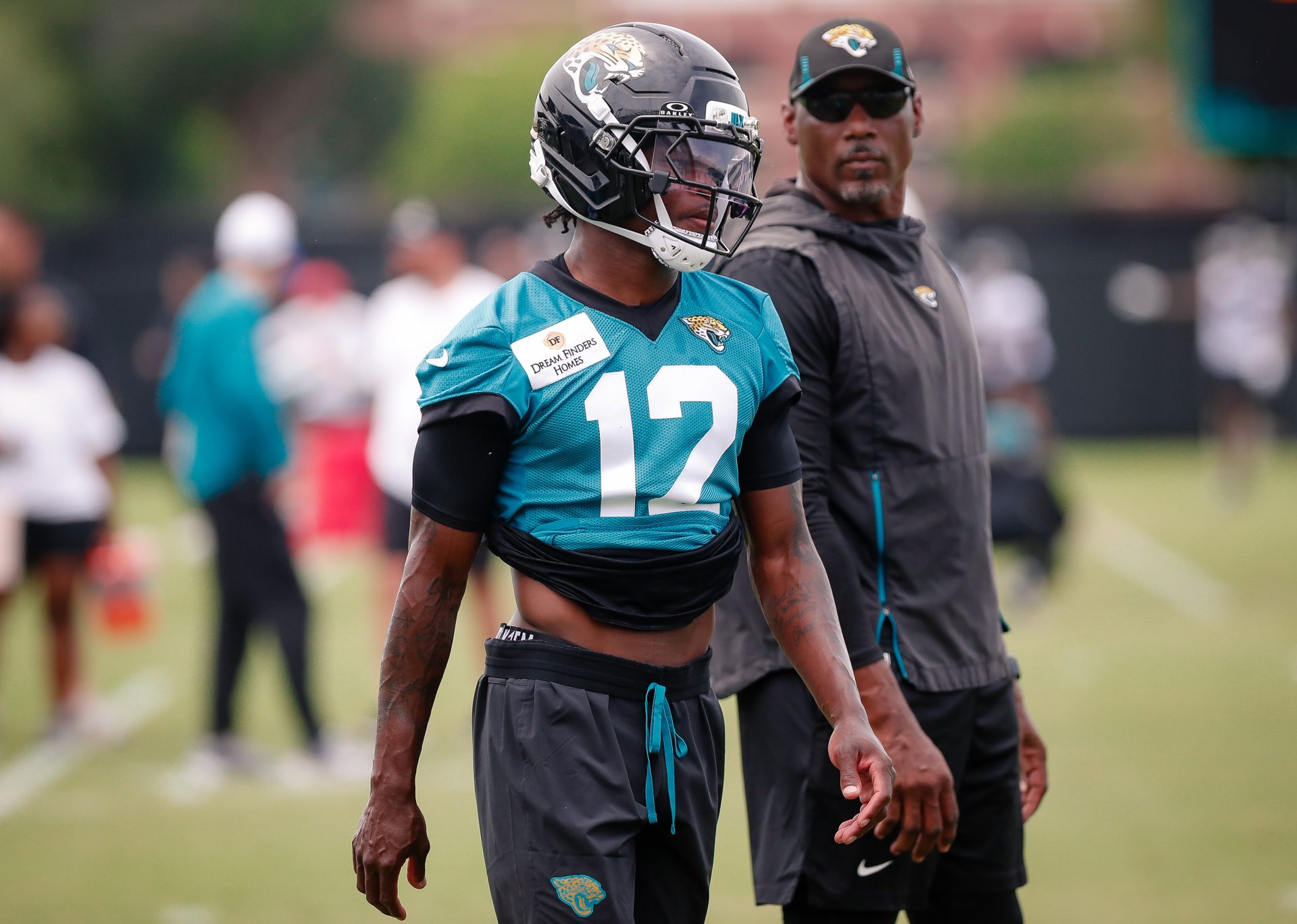 Jacksonville Jaguars wide receiver Travis Hunter (12) during rookie minicamp at Miller Electric Center.