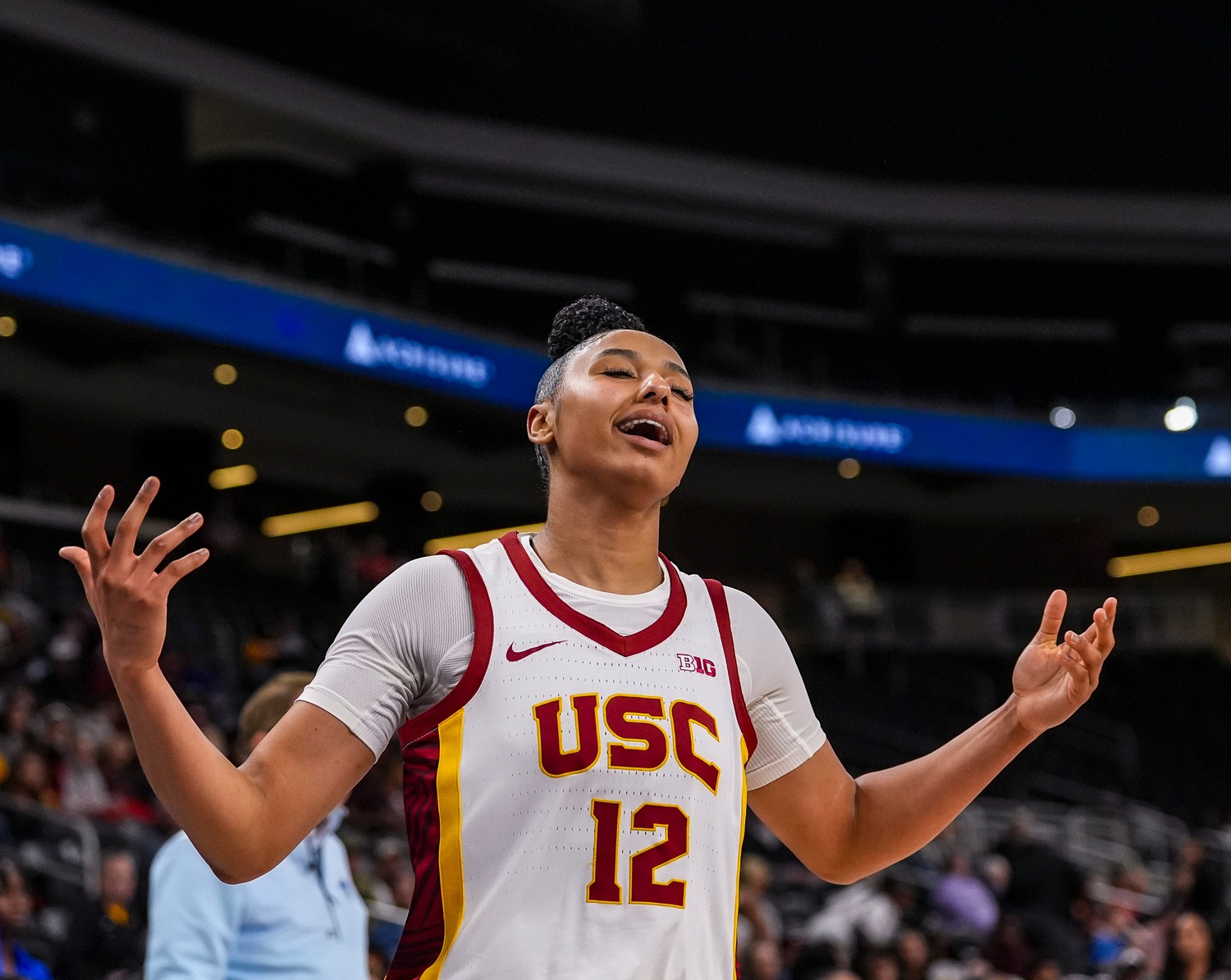 USC Trojans guard JuJu Watkins (12) reacts to a call by officials during the first quarter of their game in the Acrisure Series in Palm Desert, Calif., Wednesday, Nov. 27, 2024.