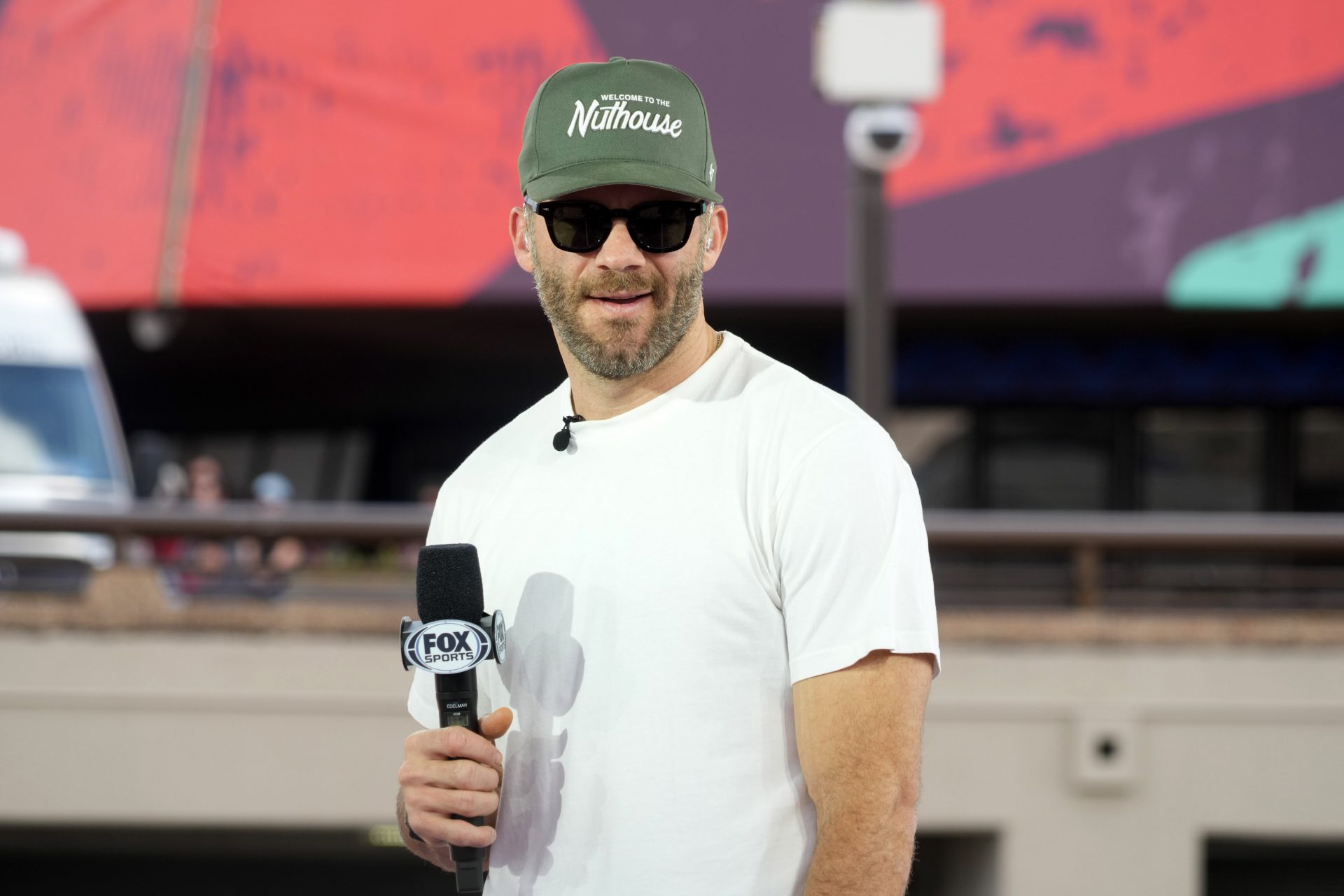 Julian Edelman on the Fox Super Bowl LIX set at Caesars Superdome.