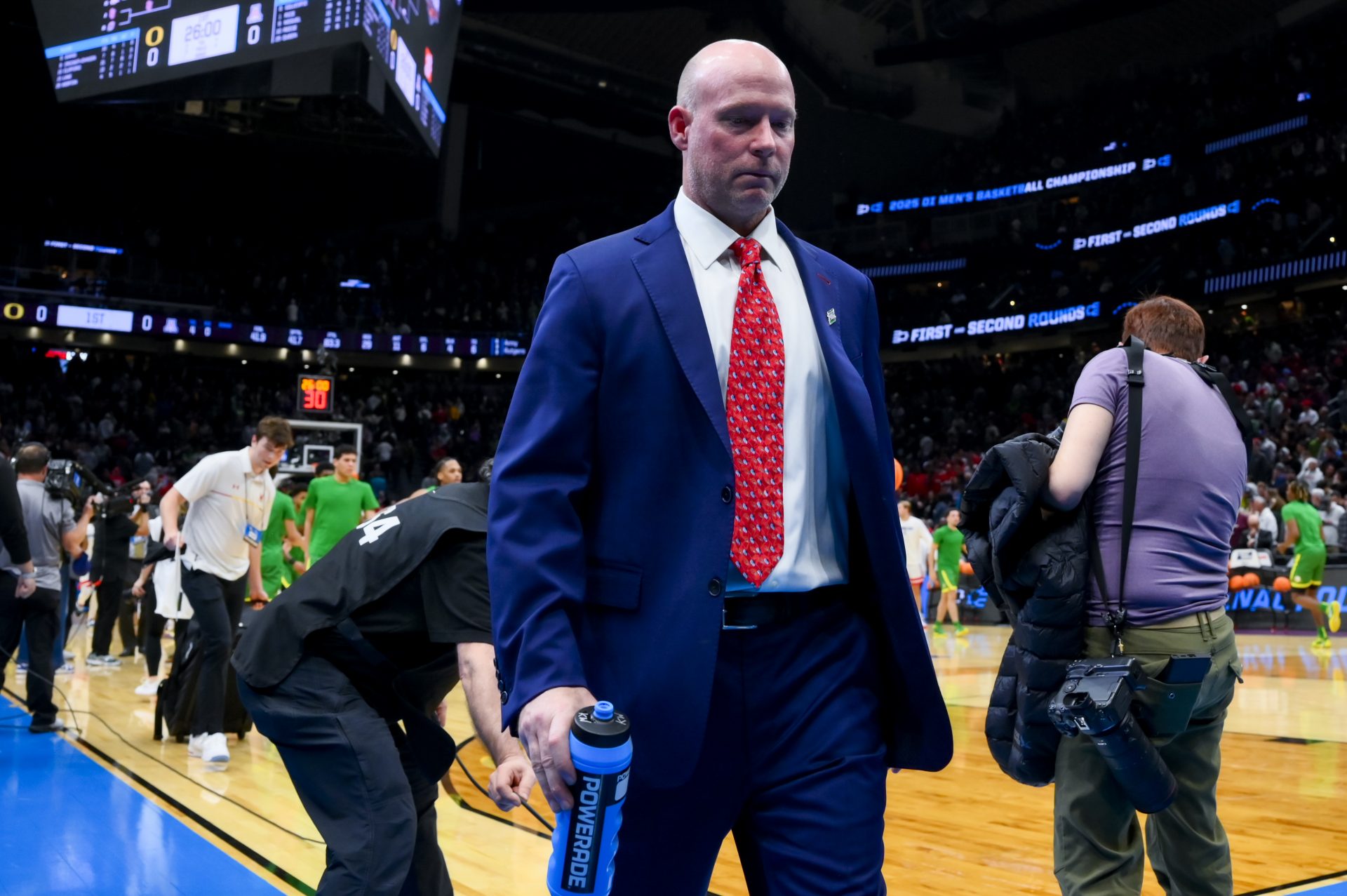 Maryland Terrapins head coach Kevin Willard walks off the court after there game against the Colorado State Rams at Climate Pledge Arena.