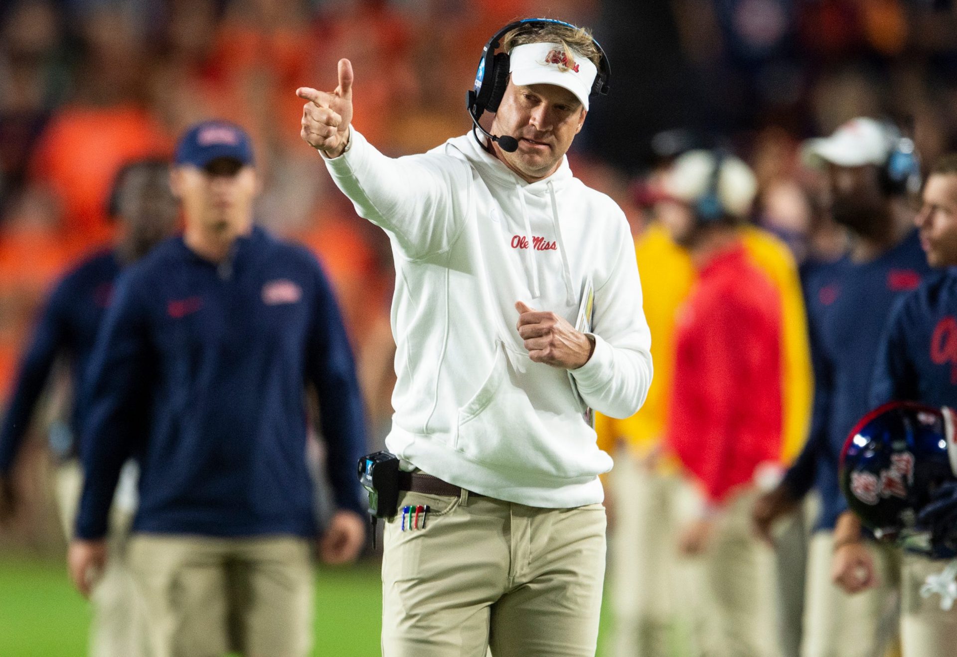 Mississippi Rebels head coach Lane Kiffin celebrates a pass interference penalty in the first quarter Auburn Tigers take on Mississippi Rebels at Jordan-Hare Stadium