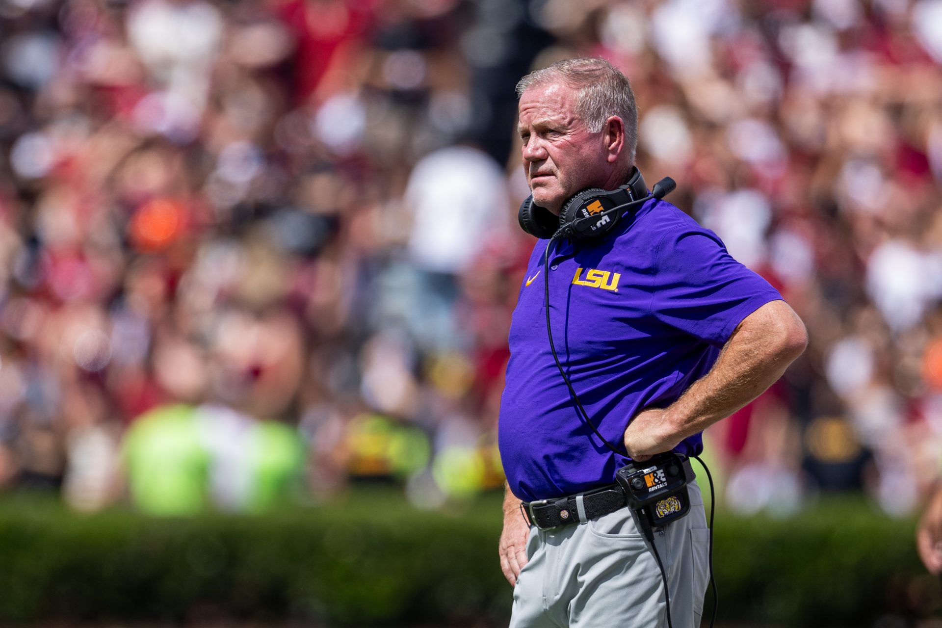 LSU Tigers head coach Brian Kelly looks on during the second quarter against the South Carolina Gamecocks at Williams-Brice Stadium.
